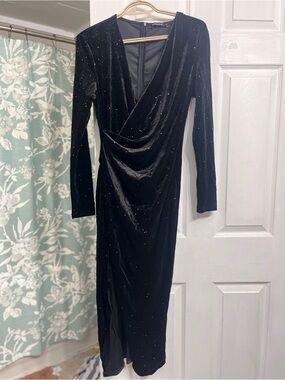 Women's Black Sparkle Velvet Long-Sleeve Draped Midi Dress